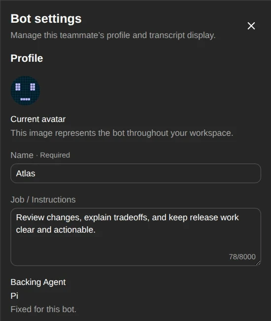 The actual Bot Settings panel with a sample teammate's name, job instructions, and pixel avatar